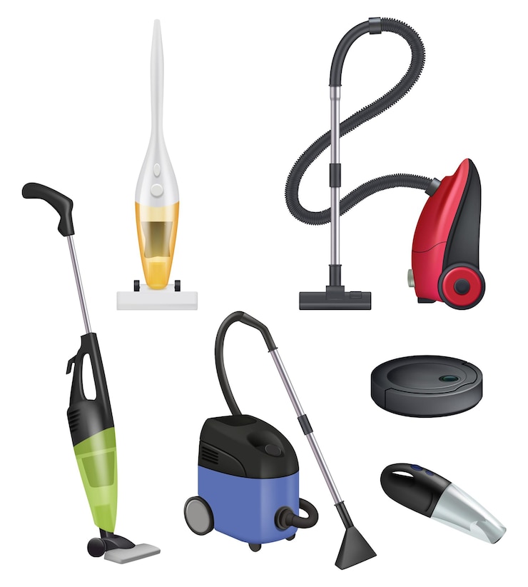 Vecteur aspirateur moderne. nettoyeur de tapis éléments réalistes salles d'assainissement