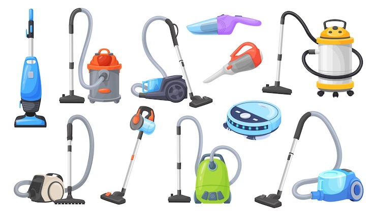 Vecteur aspirateurs de dessins animés machines de nettoyage appareils électriques ménagers appareils robotiques de ménage travaux domestiques services professionnels nettoyage de la poussière travail d'illustration vectorielle propre