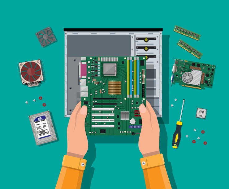 Vecteur assemblage du pc. matériel informatique personnel.
