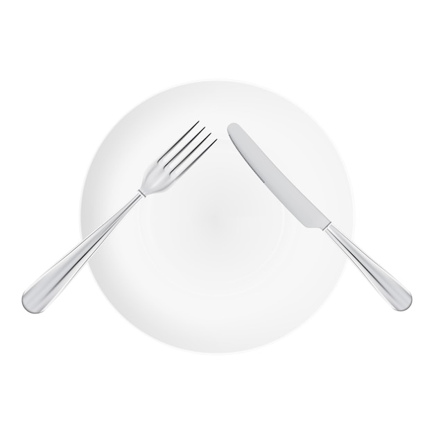 Assiette blanche avec fourchette et couteau vue de dessus isolé sur fond blanc