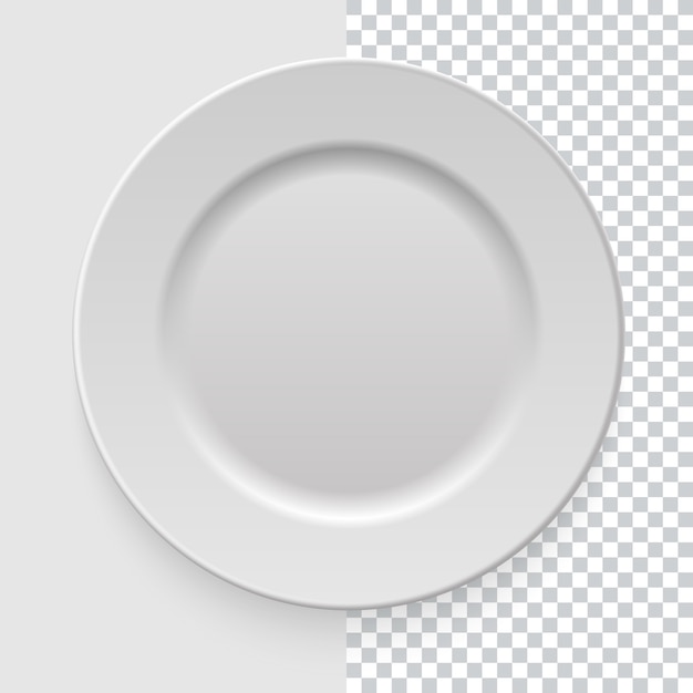 Vecteur assiette blanche vide réaliste avec ombre sur fond transparent. modèle de présentation culinaire et de vos projets. vue de dessus. ustensiles de cuisine pour manger. illustration.