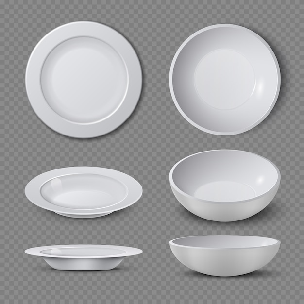 Assiette en céramique vide blanche en différents points de vue isolé illustration vectorielle. Assiette et vaisselle pour la cuisine, vaisselle en porcelaine