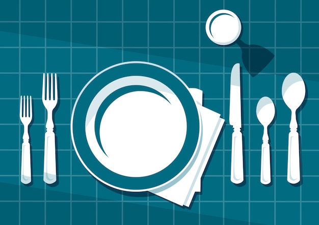 Assiette avec couverts et longues ombres. Illustration vectorielle