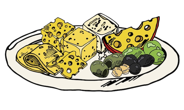 Vecteur assiette de fromages aux olives et raisins