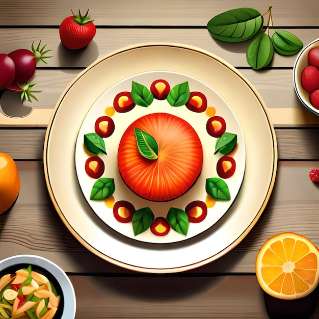 Vecteur une assiette de fruits avec une assiette de fruits dessus et un bol de fruits sur la table.