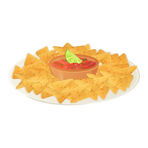 Assiette de nachos mexicains avec salsa. Illustration de cuisine latino-américaine en style cartoon isolé sur blanc