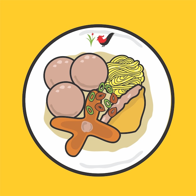 Vecteur une assiette de nourriture avec une photo d'un poulet et de saucisses.