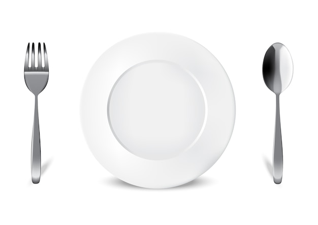 Assiette ou plat blanc réaliste, cuillère et fourchette en métal pour la nourriture