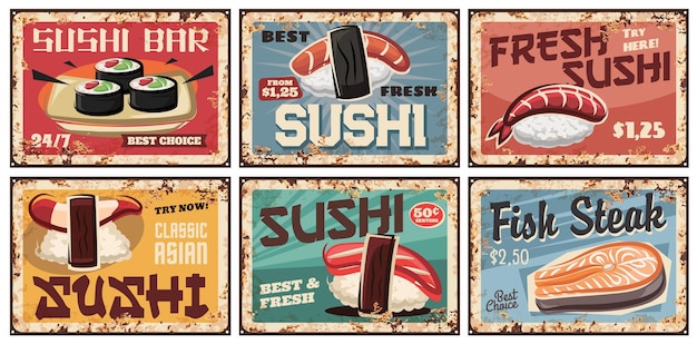 Assiettes En Métal Pour Sushi Ou Affiches Rétro Nourriture Japonaise