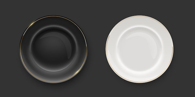 Vecteur assiettes en porcelaine noir et blanc avec bordure dorée sur fond noir plats vides pour le dîner petit-déjeuner ou déjeuner vaisselle propre avec décoration à plat