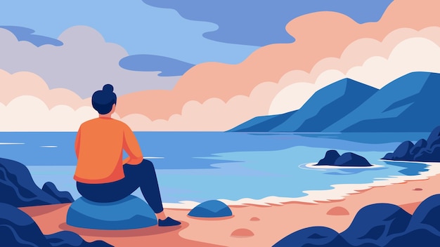 Vecteur assis sur une plage rocheuse en regardant les vagues s'écraser contre le rivage et en ressentant un sentiment de paix