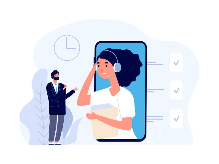 Vecteur assistant commercial. service de secrétariat en ligne. homme d'affaires plat et gestionnaire de temps. illustration de conseil aux entreprises. secrétaire en ligne, support pour homme d'affaires