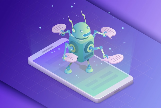 Assistant en ligne. Intelligence artificielle, communication avec illustration de robot