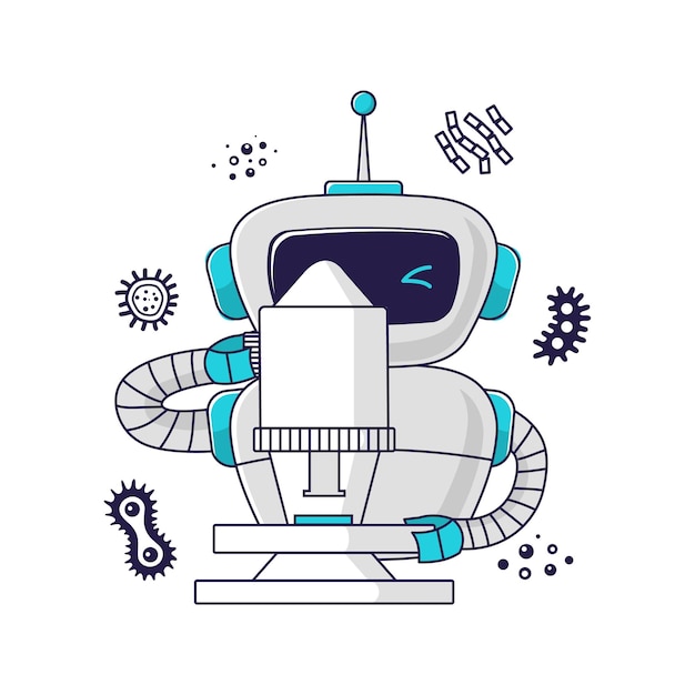 L'assistant robot médical regarde dans un microscope, analyse, examine les cellules, concept de médecine du futur, soins de santé personnalisés, diagnostics basés sur l'IA et innovations en télémédecine.