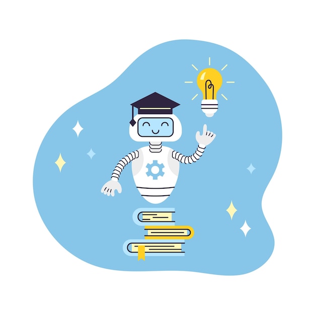 Un assistant robot pointe vers l'ampoule il y a une pile de livres à proximité de l'intelligence artificielle