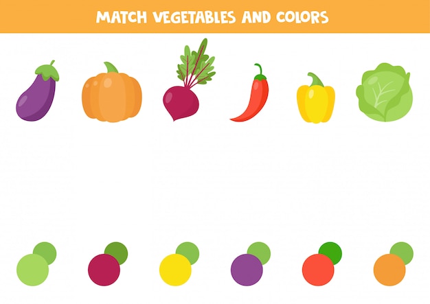 Associez le légume et sa couleur. Betterave en carton mignon, poivre, aubergine, citrouille, chou.