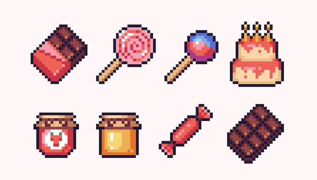 Vecteur assortiment de bonbons pixel art ensemble. chocolat, bonbons et collection de gâteaux. pots de gelée, de confiture et de miel.