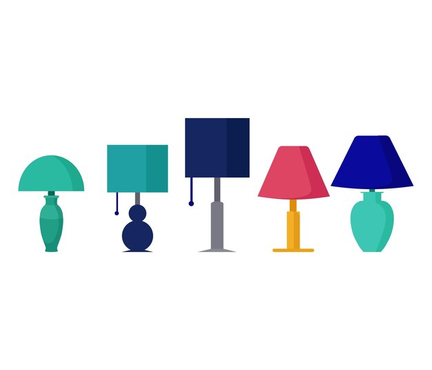 Vecteur assortiment de cinq lampes de table colorées aux designs différents décoration d'intérieur et décoration d'intérieur