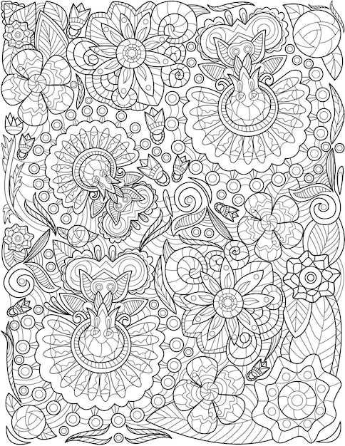 Un assortiment de dessins de motifs de belles fleurs pousse dans le jardin entouré de vignes. Différents types de jolies plantes dessin au trait rampant sur le sol entourent les feuilles.