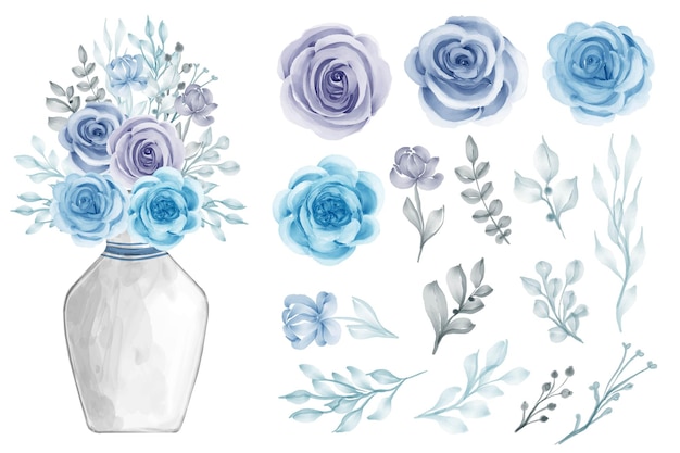 Vecteur assortiment de feuilles à l'aquarelle avec des fleurs bleues