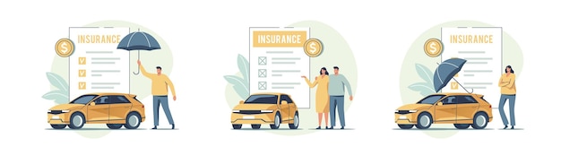 Vecteur assurance automobile concept d'assistance et de protection en matière de sécurité automobile personnes achetant ou louant une voiture