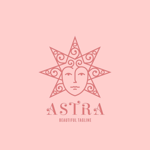 Astra Abstract Vector Sign Emblem Or Logo Template Star Silhouette As A Beautiful Woman Face With Curly Hair Line Style Symbol With Modern Typography Pink Background