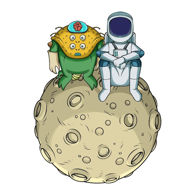 Vecteur astronaute assis avec un extraterrestre sur la lune