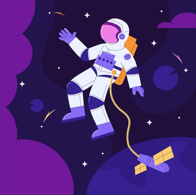 Astronaute Dans Un Espace Ouvert Sur Fond De Galaxie Entourée D'étoiles Illustration Vectorielle