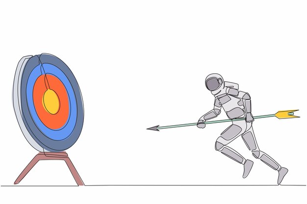 Astronaute dessinant une ligne continue tenant une flèche à la main pour tirer sur l'illustration vectorielle de la cible