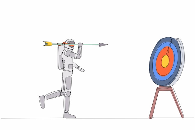 Astronaute dessinant une ligne continue en utilisant un bandeau sur les yeux et tirant une flèche sur le vecteur de conception de la cible