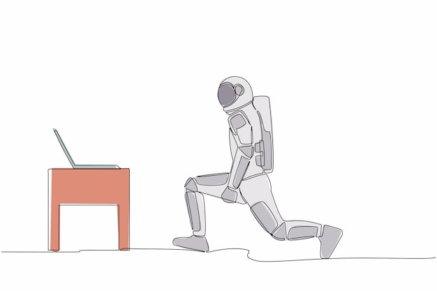 Un astronaute dessinant une seule ligne faisant du fitness sur la surface de la lune dans des cours en ligne en utilisant son ordinateur portable