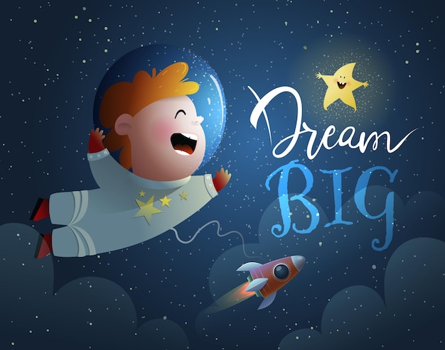 Astronaute Enfant Mignon Dans L'espace Extra-atmosphérique Avec Aventure Pour Enfants De Vaisseau Spatial Dream Big Devis Pour Enfants Illustration Vectorielle De Dessin Animé Dans Un Style Aquarelle