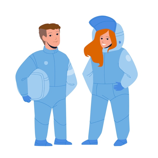 Astronaute Enfants Couple En Combinaison Spatiale Vecteur. Astronaute Enfants Garçon Et Fille Travail Futur. Personnages Adolescents Profession Rêvant D'aventure Et De Découvrir Une Illustration De Dessin Animé Plat