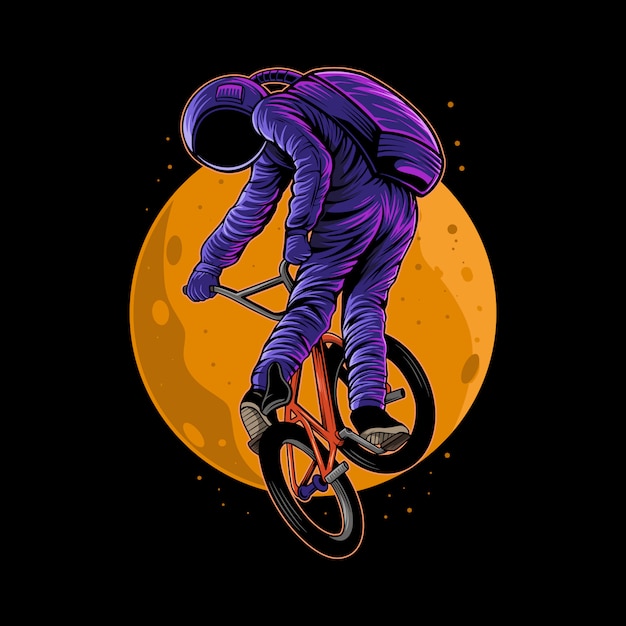 Astronaute équitation Illustration Vélo Bmx Avec Lune Sur Le Dos Isolé