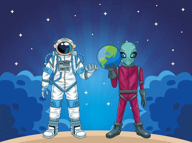 Astronaute Et Extraterrestre Dans L'illustration Des Personnages De L'espace