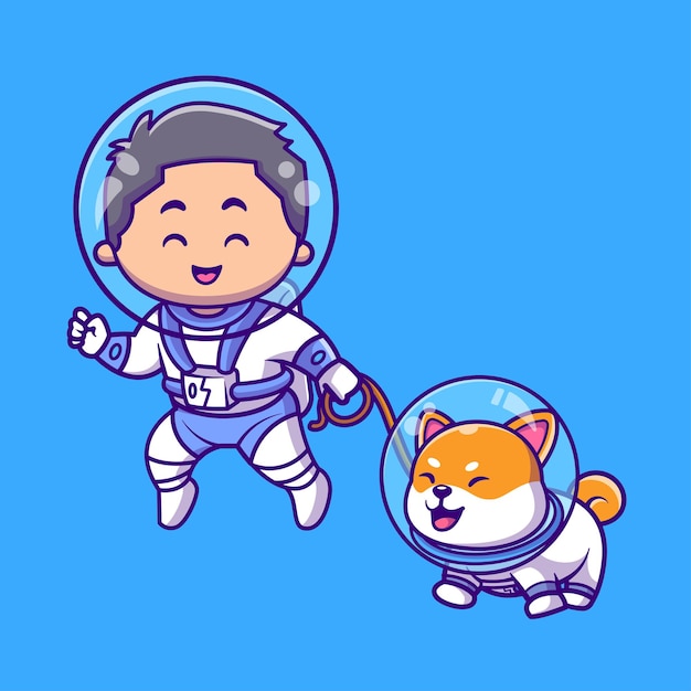 Astronaute De Garçon Mignon Flottant Shiba Inu Dog Cartoon Vector Icon Illustration. Concept D'icône Animal De Personnes Isolé Vecteur Premium. Style De Dessin Animé Plat