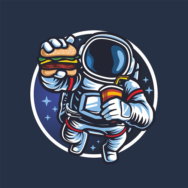 astronaute avec hamburger et boisson gazeuse vecteur mascotte logo esport