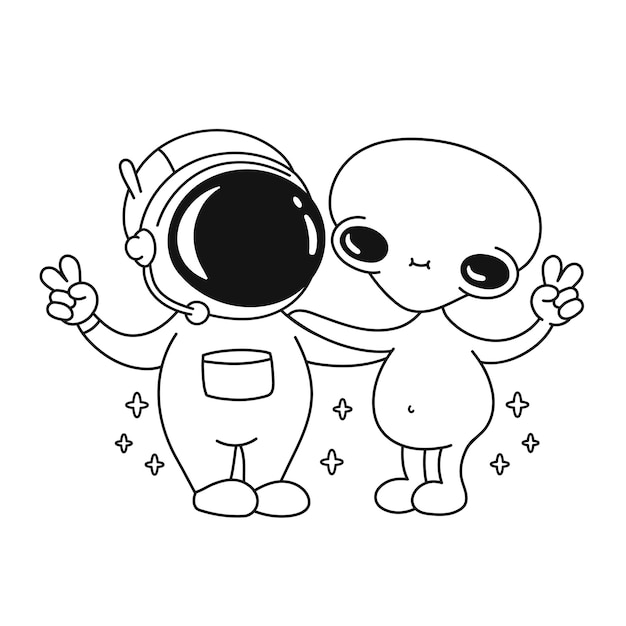 Vecteur l'astronaute humain mignon et l'extraterrestre montrent la page de geste de paix pour le livre de coloriage.