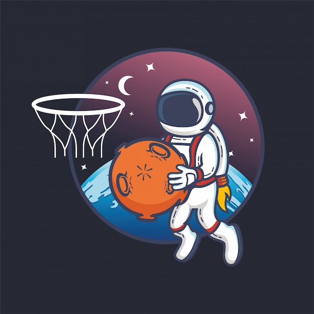 Astronaute Jouant Au Basket-ball Avec Planète Balle Dans L'espace