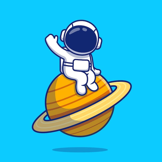 Astronaute Mignon Assis Sur La Planète Agitant L'illustration De Dessin Animé De Main. Concept D & # 39; Icône De L & # 39; Espace