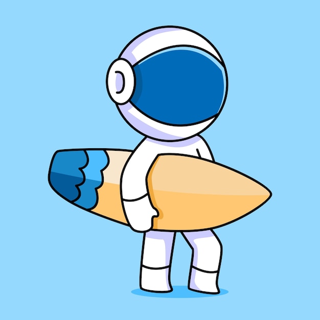 astronaute mignon avec dessin animé de planche de surf