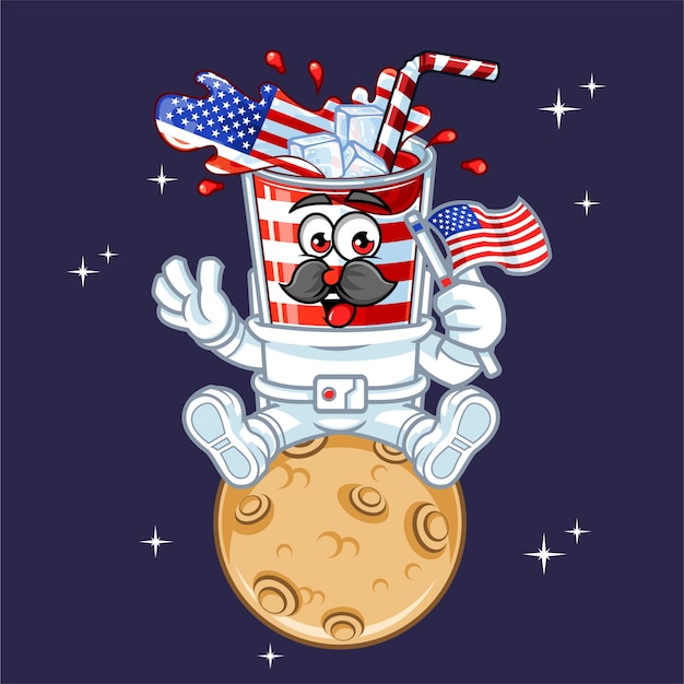 Astronaute Mignon De Drapeau De Boisson De L'amérique Assis Sur L'illustration De Mascotte De Vecteur De Planète