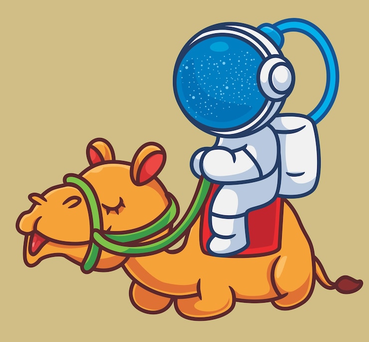 Vecteur astronaute mignon équitation chameau isolé dessin animé animal illustration style plat autocollant icône design