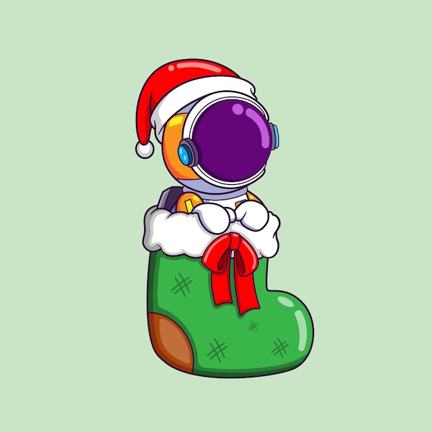 L'astronaute Mignon Est Assis Sur La Chaussette De Noël Attendant Le Cadeau Du Père Noël