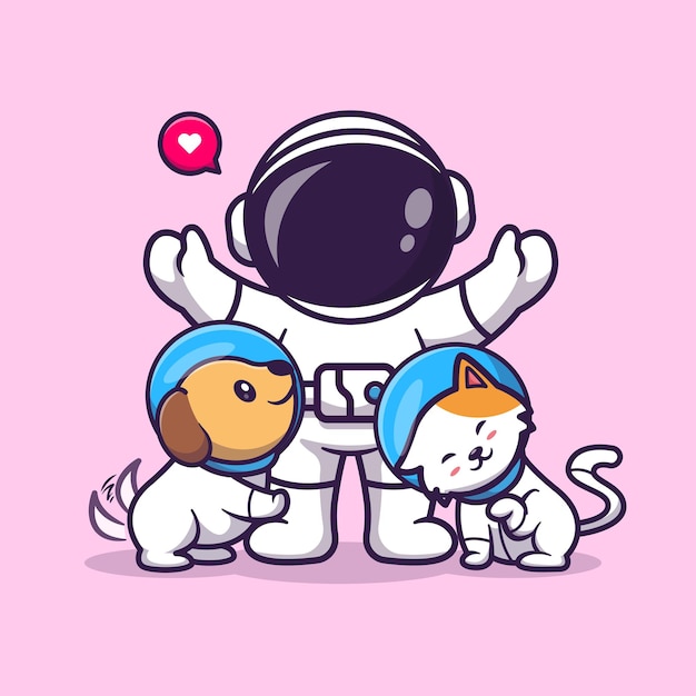 Vecteur astronaute mignon jouant avec chien et chat astronaute cartoon vector icon illustration. animaux scientifiques