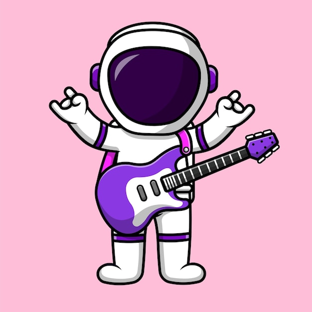 Astronaute Mignon Jouant Guitare électrique Dessin Animé Icône Vecteur Illustration