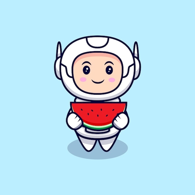 Astronaute Mignon Manger Illustration De Dessin Animé De Pastèque. Style De Bande Dessinée Plat