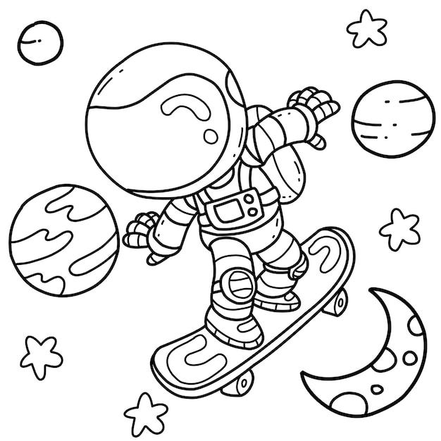 Vecteur astronaute mignon sur planche à roulettes dessin animé de livre de coloriage dessiné à la main isolé sur blanc