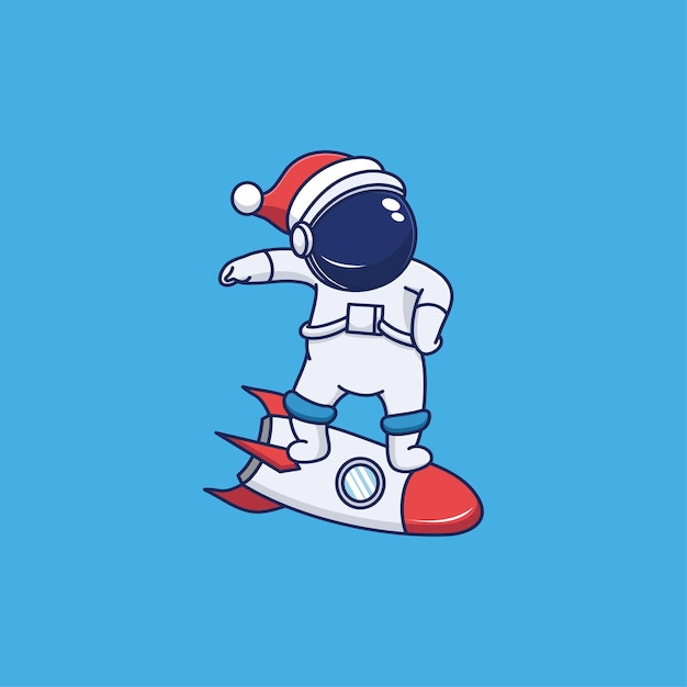 Astronaute Mignon Portant Un Chapeau De Noël Et Chevauchant Une Fusée