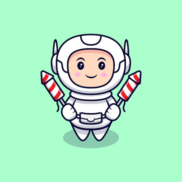 Astronaute Mignon Tenant L'illustration De Dessin Animé De Feux D'artifice. Style De Bande Dessinée Plat